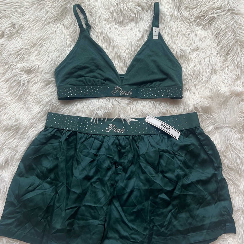 PINK Victoria's Secret Deep Green Bralette and Shorts Set